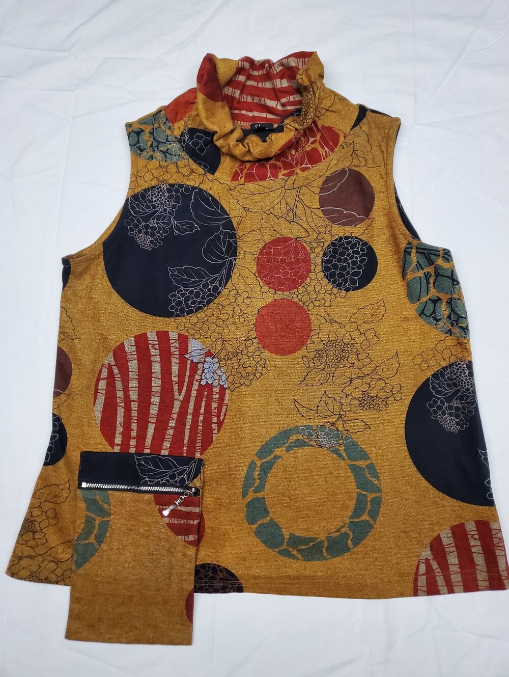 Shana Sleeveless Cowl Neck Top Mustard Floral Circle Print Zip Pocket Artsy S